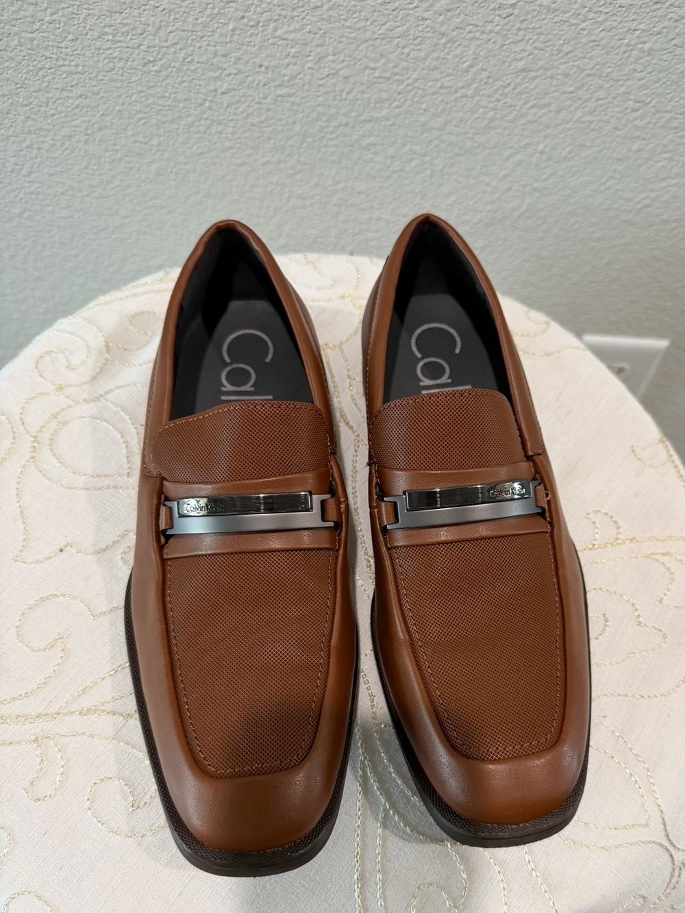 Calvin Klein Men's Brown Leather Slip-On Loafers with Metal Bit